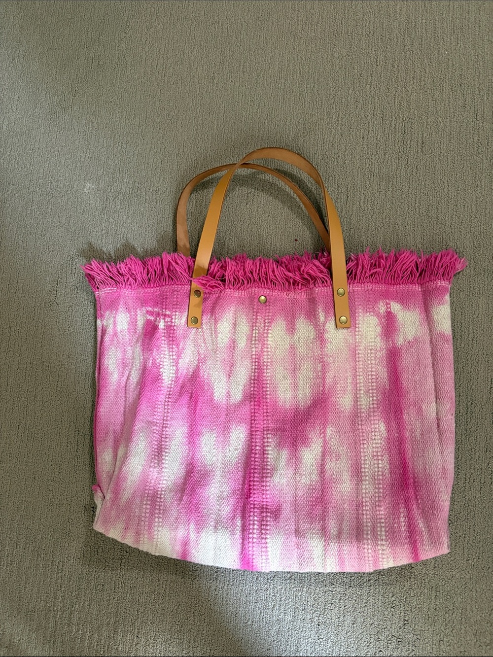 Pink Tie-Dye Fringe Tote Bag with Tan Handles